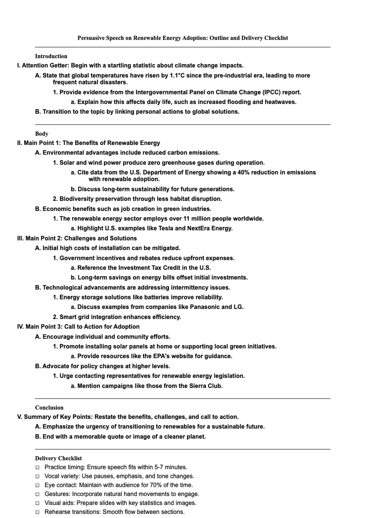 Speech outline checklist for CK Jones instructor with detailed sections and checkboxes_variant_3